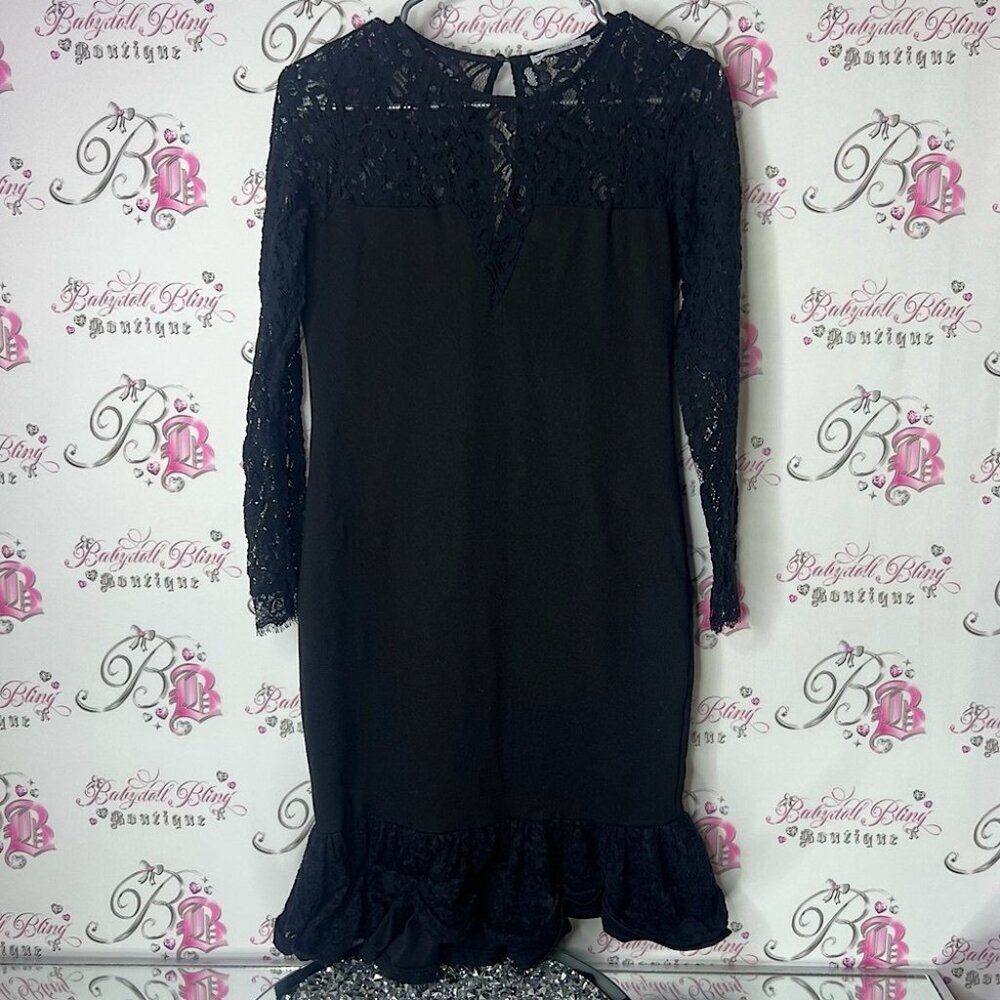 Pull&Bear dress ruffle hem Lacie keyhole opening Black Lace Long Sleeve Dress